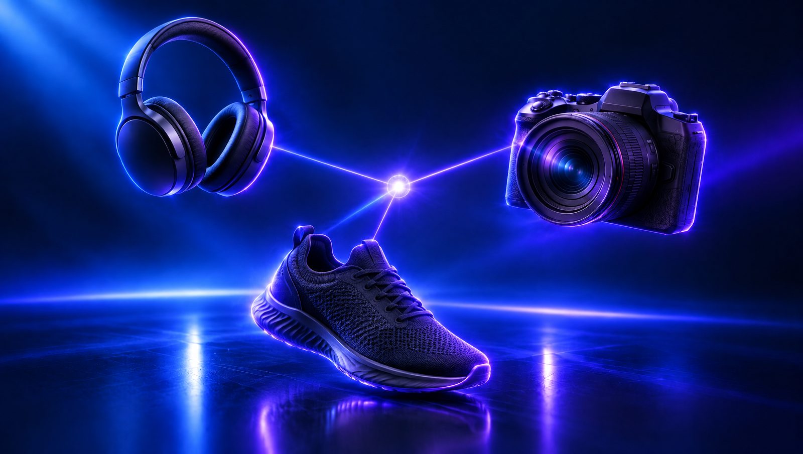 Headphones, a sneaker and a camera connected by lines of light to one central point, like an AI agent reaching many products