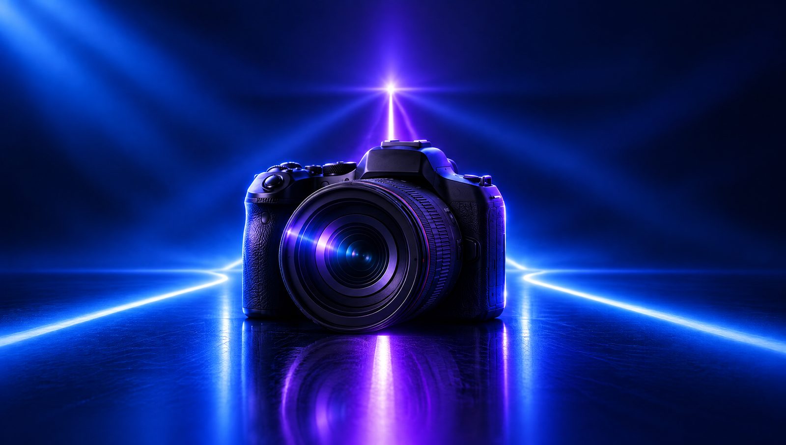 Paths of light on a dark floor converging on a camera, with one bright path straight ahead