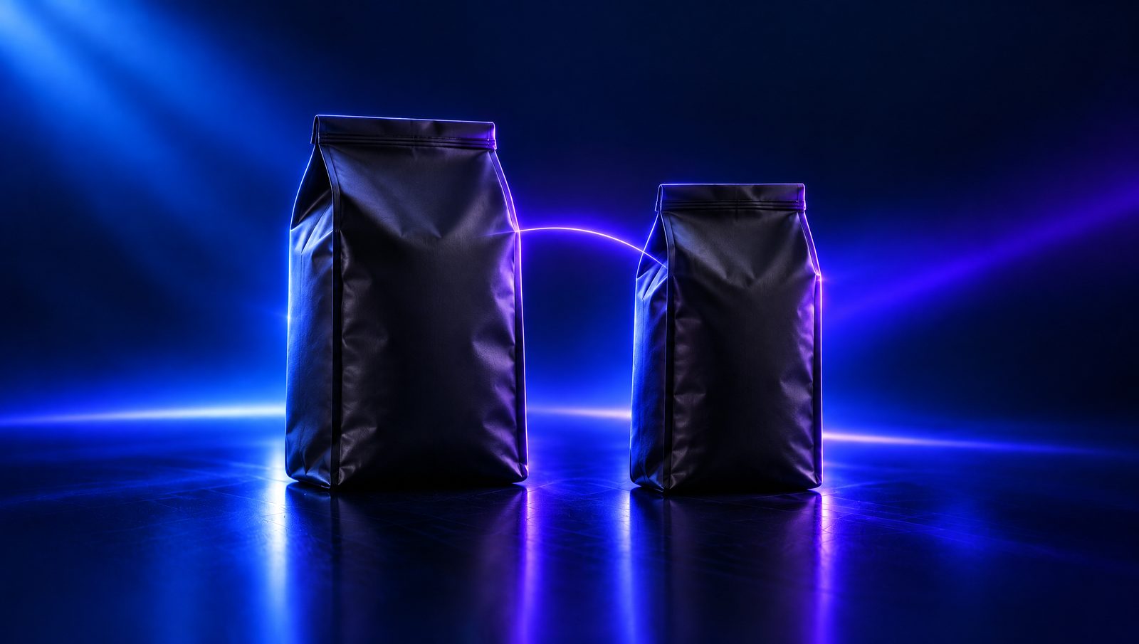 Two unbranded coffee bags of different sizes joined by a line of violet light, showing a matched pair of similar products