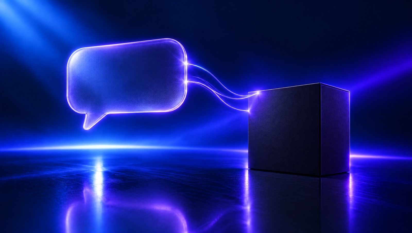 A glass chat bubble connected by threads of light to an unbranded product box