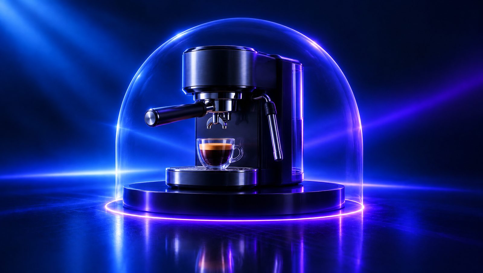 An espresso machine on a pedestal inside a glowing protective dome