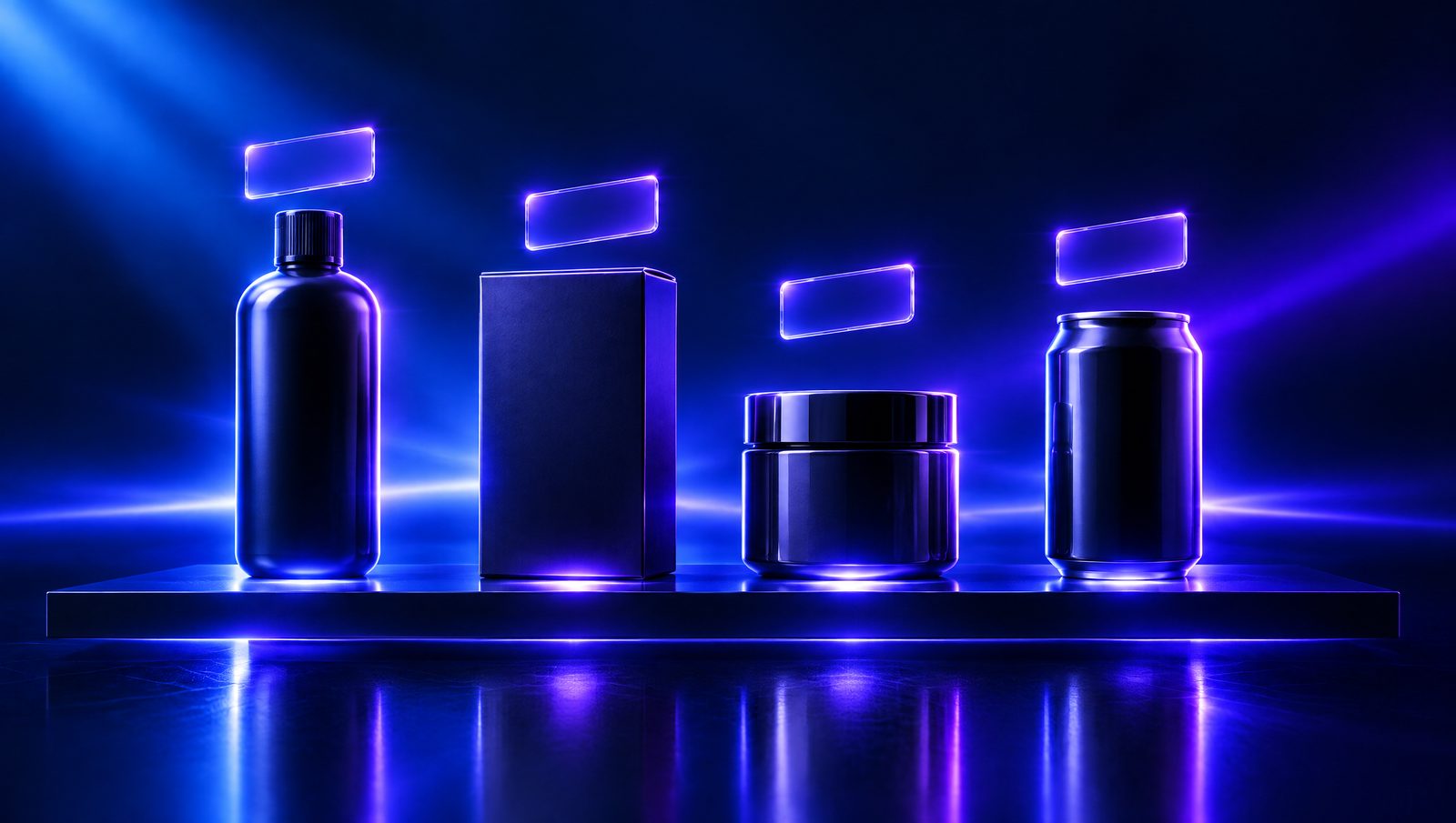 A shelf of unbranded products with glowing glass price tags above each one