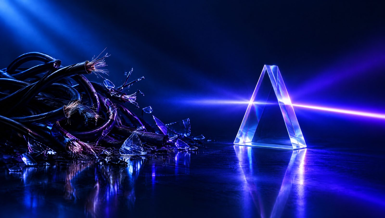 A tangle of broken cables on one side and a single clean beam of light through a prism on the other