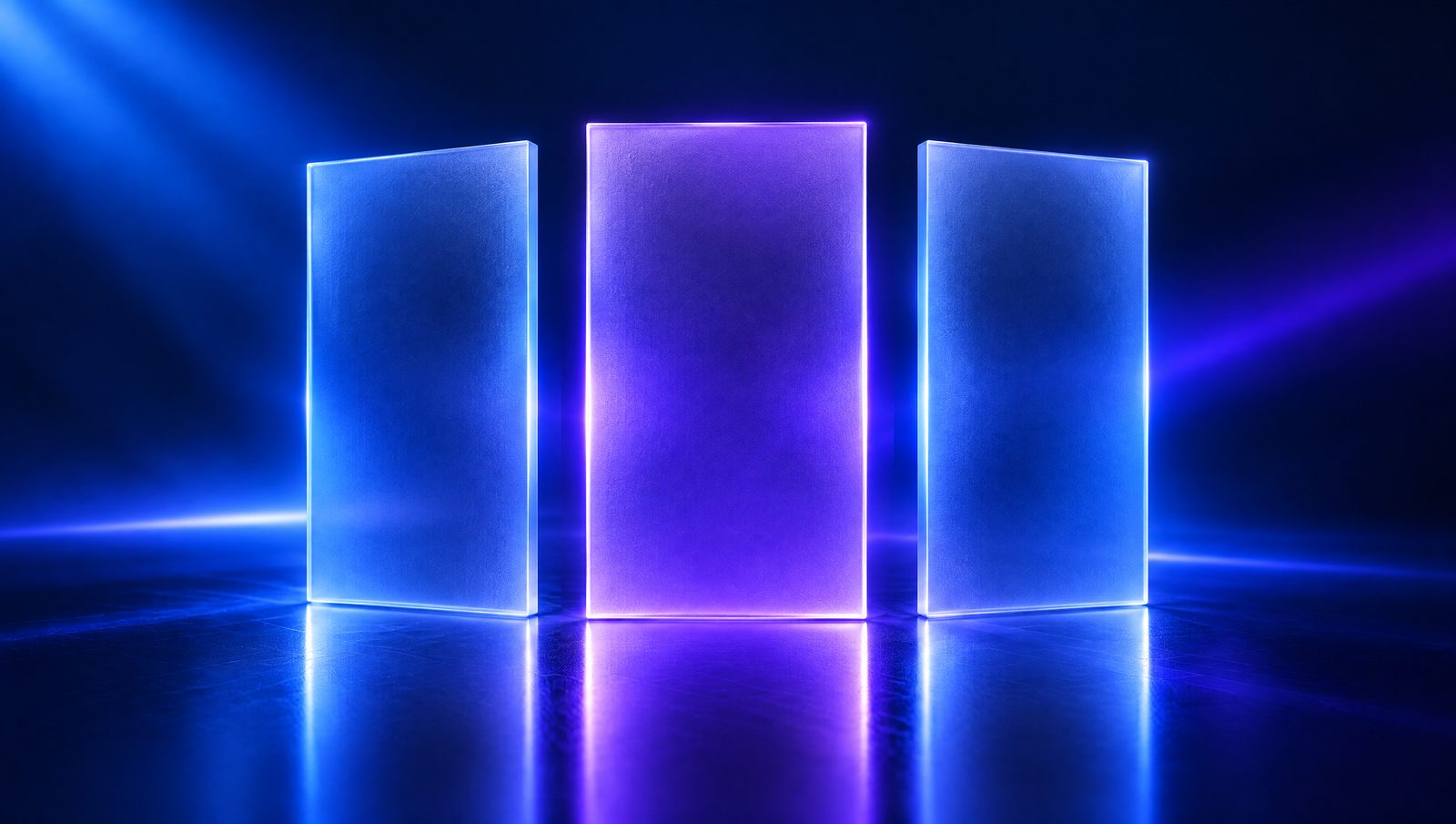 Three glass panels side by side, the middle one glowing brighter
